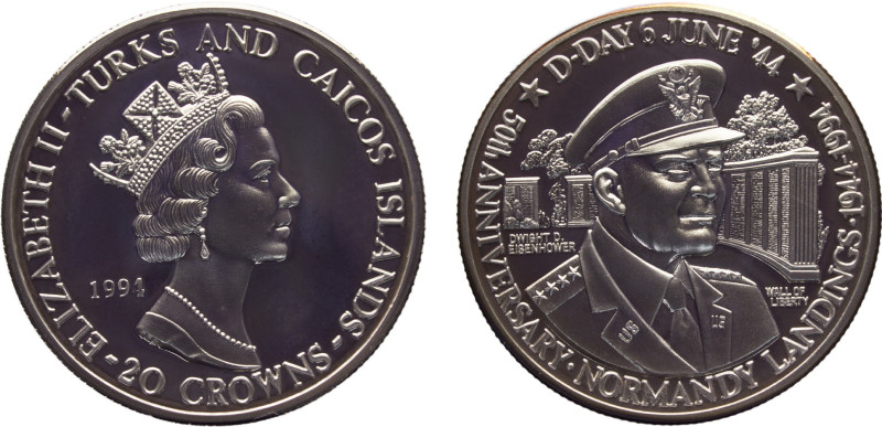 Turks and Caicos Islands British colony Elizabeth II 20 Crowns 1994 50th Anniver...
