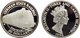 Turks and Caicos Islands British colony Elizabeth II 20 Dollars 1996 (Mintage 20000) German States Railway Class 05 Silver PF 31.4g KM# 166