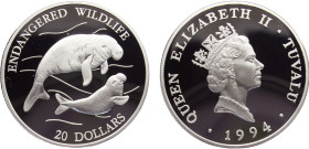 Tuvalu Constitutional Monarchy Within The Commonwealth Elizabeth II 20 Dollars 1994 (Mintage 10000) Conservation, Endangered Wildlife, Dugong Silver P...