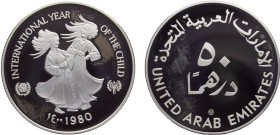 United Arab Emirates Zayed bin Sultan Al Nahyan 50 Dirhams AH1400 (1980) CHI Balerna mint(Mintage 8031) International Year of the Child Silver PF 27.2...