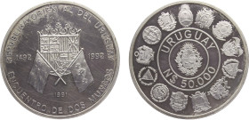 Uruguay Oriental Republic 50000 Nuevos Pesos 1991 (Mintage 70000) Ibero-American Series I, Encounter of two Worlds Silver PF 27g KM# 100