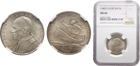 Vatican City City State Pius XII 5 Lire 1940//II Silver NGC MS64 KM# 28