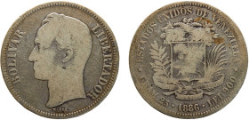 Venezuela United States 5 Bolivares 1886 Silver F 24.2g Y#24.1