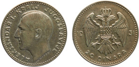 Yugoslavia Kingdom Aleksandar I 20 Dinara 1931 Belgrade mint Silver AU 14g KM# 11