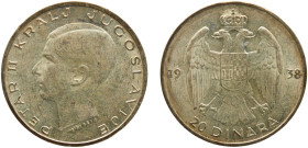Yugoslavia Kingdom Peter II 20 Dinara 1938 Silver UNC 9g KM# 23