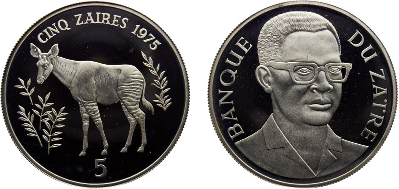 Zaire Republic 5 Zaïres 1975 Royal mint(Mintage 6431) Conservation, Okapi Silver...