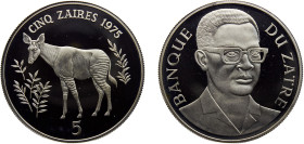 Zaire Republic 5 Zaïres 1975 Royal mint(Mintage 6431) Conservation, Okapi Silver PF 35.6g KM# 10