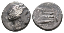 BITHYNIA. Kios. Half Siglos or Trihemiobols (Circa 350-300 BC). Uncertain, magistrate.
Obv: Laureate head of Apollo right.
Rev: Prow of galley left, d...