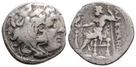 KINGS OF MACEDON. Alexander III 'the Great' (336-323 BC). Drachm. Lampsakos.
Obv: Head of Herakles right, wearing lion skin.
Rev: AΛΕΞΑΝΔΡΟΥ.
Zeus sea...
