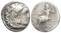 KINGS OF MACEDON. Alexander III 'the Great' (336-323 BC). Drachm. Mylasa.
Obv: Head of Herakles right, wearing lion skin.
Rev: AΛEΞANΔPOY.
Zeus seated...