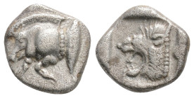MYSIA. Kyzikos. Diobol (Circa 450-400 BC).
Obv: Forepart of boar left; to right, tunny upwards.
Rev: Head of lion left within incuse square.
SNG BN 36...