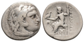 KINGS OF MACEDON. Alexander III 'the Great' (336-323 BC). Drachm.
Obv: Head of Herakles right, wearing lion skin.
Rev: AΛΕΞΑΝΔΡΟY.
Zeus seated left wi...