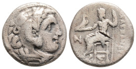 KINGS OF MACEDON. Alexander III 'the Great' (336-323 BC). Drachm. Kolophon.
Obv: Head of Herakles right, wearing lion skin.
Rev: AΛEΞANΔPOY.
Zeus seat...