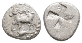 Thrace, Byzantion AR Half Siglos or Hemidrachm. Circa 340-320 BC. Bull standing to left atop dolphin; 'ΠΥ above / Quadripartite 
incuse square in the ...