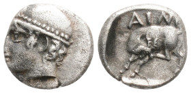 THRACE, Ainos. Circa 421-418 BC. AR Diobol Head of Hermes left wearing petasos / Goat standing left, 
scratching its head with its hind food.
1.2g 11....