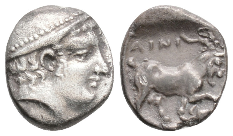 Thrace, Ainos AR Diobol. Circa 408/7-407/6 BC. Head of Hermes right, wearing pet...