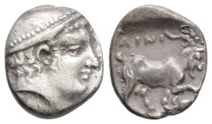 Thrace, Ainos AR Diobol. Circa 408/7-407/6 BC. Head of Hermes right, wearing petasos / Goat standing right;
 crab below raised foreleg; all within inc...