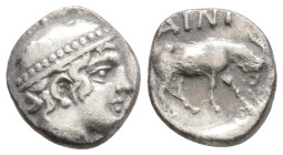 Thrace, Ainos AR Diobol. Circa 435-405 BC. Head of Hermes to right, wearing petasos / Goat standing to right 
with head lowered; AINI above.
1.2g 11.2...