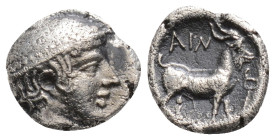 Thrace, Ainos AR Diobol. Circa 435-405 BC. Head of Hermes to right, wearing petasos / Goat standing to right;
 AIN above, kerykeion before. 
1.2g 10.7...