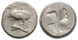 Thrace, Byzantion AR Drachm. Circa 416-357 BC. Cow standing left on dolphin, ΠY above / Quadripartite incuse mill-sail pattern. 
5.2g 16.4mm