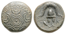 Kingdom of Macedon, Alexander III 'the Great' Æ Uncertain Macedonian mint, circa 325-310 BC.
Macedonian shield with thunderbolt in central boss / Cre...