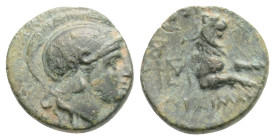 Kings of Thrace, Lysimachos Æ Unit. Uncertain mint, 305-281 BC. Head of Athena right, wearing crested Attic helmet / Forepart
 of lion leaping right, ...