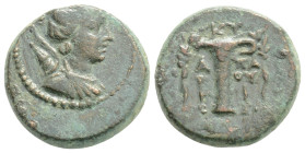 AEOLIS. Kyme. Ae (Circa 2nd century BC). Apatourios, magistrate.
Obv: Draped bust of Artemis right, with bow and quiver over shoulder.
Rev: KY / A-ΠA/...