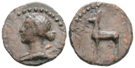 Galatian Kingdom. Amyntas. 39-25 B.C. Ae. Uncertain mint in Galatia, Pisidia or Lykaonia. draped bust of Artemis with features of Cleopatra VII left, ...