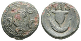 KINGS OF MACEDON. Alexander III 'the Great' (336-323 BC). Ae Unit. Uncertain mint in Asia.
Obv: Macedonian shield; on boss, head of Herakles facing sl...