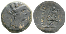 CILICIA, Tarsos (Circa 164-27 BC). Ae.
Obv: Turreted head of Tyche right; monogram to left.
Rev: ΤΑΡΣΕΩΝ. Zeus seated left on throne, holding sceptre;...