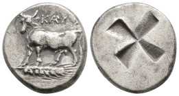 Bithynia, Kalchedon AR Siglos. c. 340-320. Bull standing l. on grain ear / Four-part square of mill-sail pattern. 
5g 18.2mm