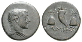 PONTOS, Amisos. Circa 110-100 BC. Æ Struck under Mithradates VI. Winged bust of Perseus right / Cornucopia between two piloi.
4.1g 18mm