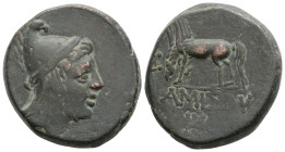 Pontos, Amisos Æ Time of Mithradates VI Eupator, circa 85-65 BC. Head of Perseus to right, wearing 
Phrygian helmet / Pegasos grazing to left; AMIΣOY ...