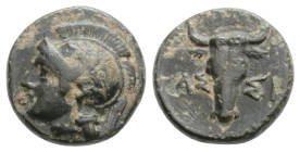 Troas. Assos . ΑΡΤΑΣ, magistrate 400-241 BC. Æ Head of Athena right, wearing crested Attic helmet decorated 
with olive wreath / AΣ-ΣI; bukranion; APT...