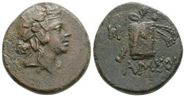 Pontos, Amisos. Under Mithradates VI Eupator. Ca. 85-65 B.C. Æ Head of Dionysos right, wearing mitra and ivy
 wreath / AMIΣOY, filleted thyrsos leanin...