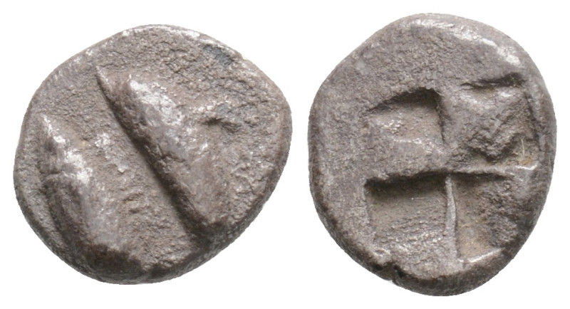 Mysia, Kyzikos AR Obol. c. 525-475. Dolphin l. above tunny / Four-part incuse sq...