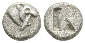 Mysia, Kyzikos AR Obol. Circa 550-500 BC. Head of lion right, holding tunny in its jaws / Rough quadripartite incuse square. 
1g 8.3mm