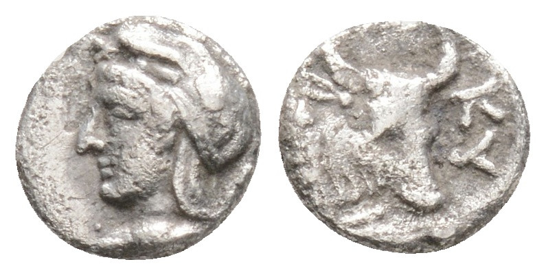 Mysia, Kyzikos AR Hemiobol. c. 410-400. Head of Attis l., wearing Phrygian cap; ...