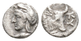 Mysia, Kyzikos AR Hemiobol. c. 410-400. Head of Attis l., wearing Phrygian cap; tunny below / Bull’s head .
0.3g 7.2mm