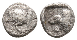Mysia, Kyzikos AR Obol (?). 525-475 BC. Forepart of boar left, tunny fish behind / Head of roaring lion left, within incuse square.
0.5g 7.2mm