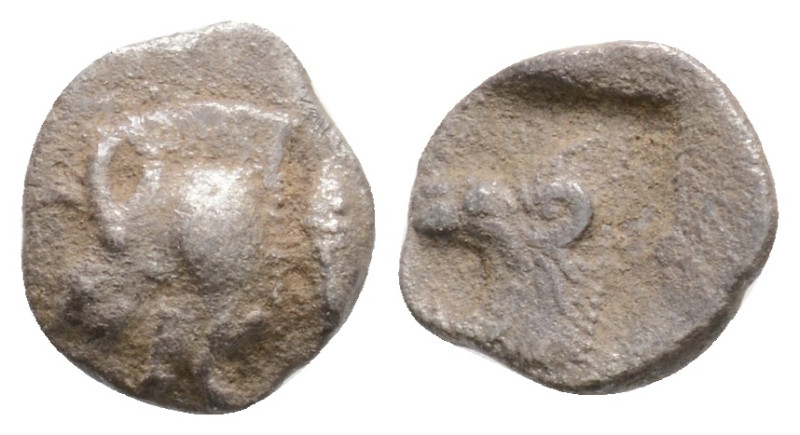 Mysia, Kyzikos AR Hemiobol (?). 525-475 BC. Forepart of boar left, tunny fish be...