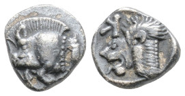 Mysia, Kyzikos AR Obol (?). 525-475 BC. Forepart of boar left, tunny fish behind / Head of roaring lion left, within incuse square.
0.8g 9.5mm