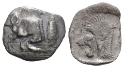 Mysia, Kyzikos AR Obol (?). 525-475 BC. Forepart of boar left, tunny fish behind / Head of roaring lion left, within incuse square.
0.6g 12.5mm