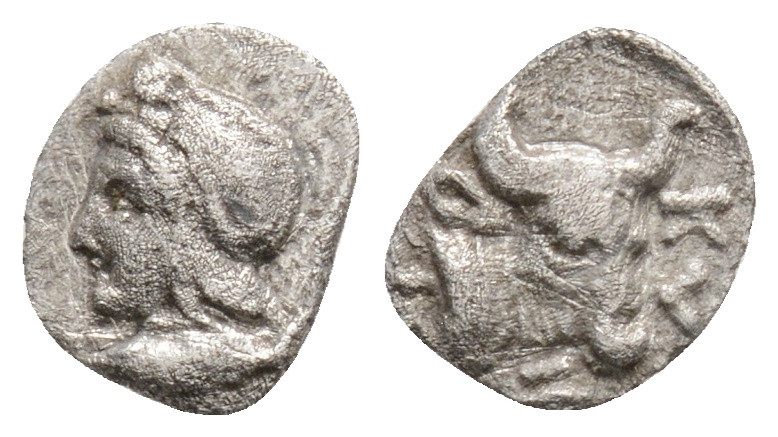 Mysia, Kyzikos AR Hemiobol. c. 410-400. Head of Attis l., wearing Phrygian cap; ...