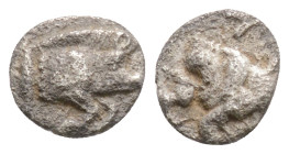 Mysia, Kyzikos AR Hemiobol (?). 525-475 BC. Forepart of boar right, tunny fish behind / Head of roaring lion left, within incuse square.
0.3g 7mm