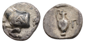 Islands off Mysia, Prokonnesos AR Hemiobol. Circa 450-425 BC. Forepart of horse to left; A on shoulder, 
[grape bunch to right] / Oinochoe; Π to right...