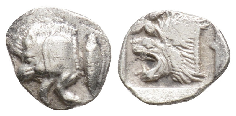 Mysia, Kyzikos AR Hemiobol (?). 525-475 BC. Forepart of boar left, tunny fish be...