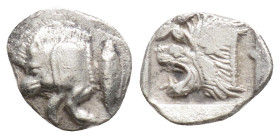 Mysia, Kyzikos AR Hemiobol (?). 525-475 BC. Forepart of boar left, tunny fish behind / Head of roaring lion left, within incuse square.
0.4g 9.1mm