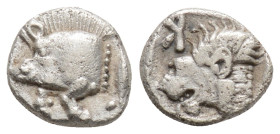 Mysia, Kyzikos AR Obol (?). 525-475 BC. Forepart of boar left, tunny fish behind / Head of roaring lion left, within incuse square.
0.7g 9.1mm