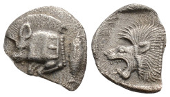 Mysia, Kyzikos AR Obol. c. 450-400. Forepart of boar l., E (retrograde) on shoulder, tunny behind / Head of lion l. within incuse square.
0.7g 12.2mm